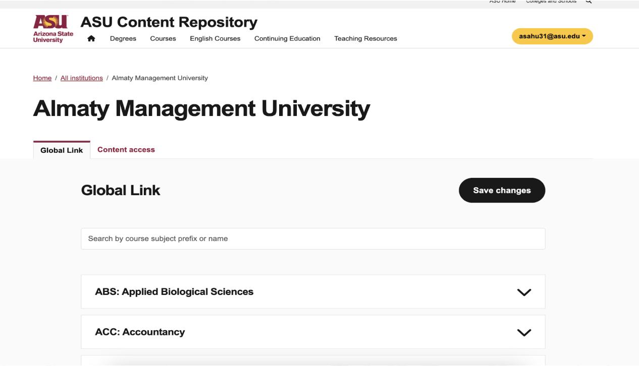 Cintana institution page showing the Global Link tab for linking courses to an affiliated institution