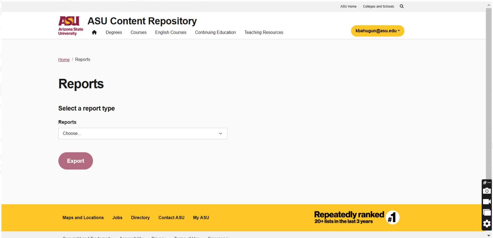 Cintana Reports page for exporting platform activity, course and content reports