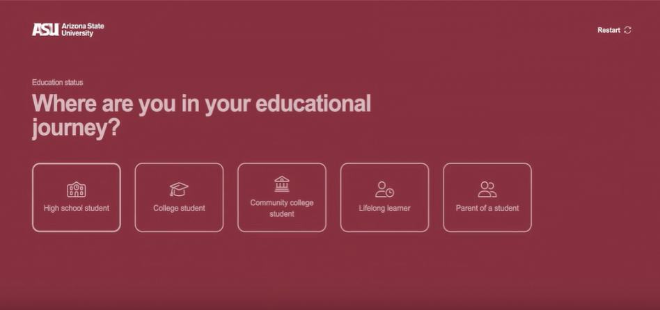 DegreeMe quiz step asking "Where are you in your educational journey?" with student-status options