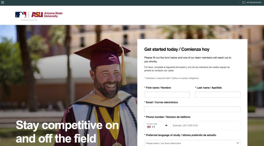 MLB and ASU landing page bilingual "Get started today / Comienza hoy" Request for Information form