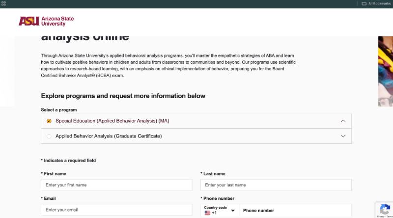 ASU Online Applied Behavior Analysis program family landing page with expanded program selector and Request Information form fields