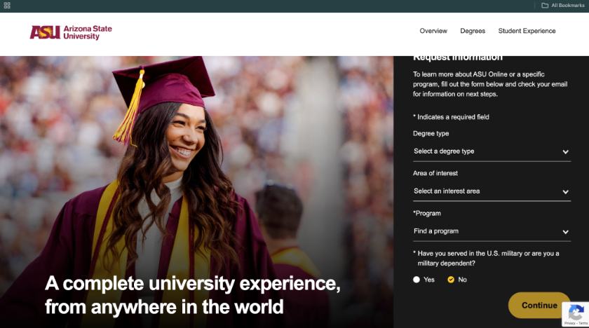 ASU Online program-suite landing page with "A complete university experience, from anywhere in the world" hero and degree-type Request Information form