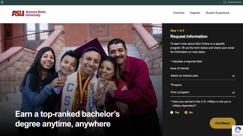 ASU Online undergraduate degree landing page with "Earn a top-ranked bachelor's degree anytime, anywhere" hero and Request Information form