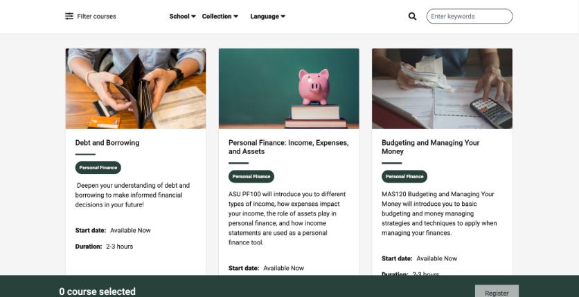 Starbucks Global Academy course discovery page with filtering by school, collection and language
