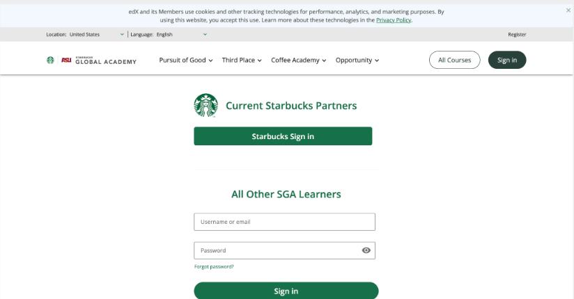 Starbucks Global Academy sign-in page for current Starbucks partners and other SGA learners