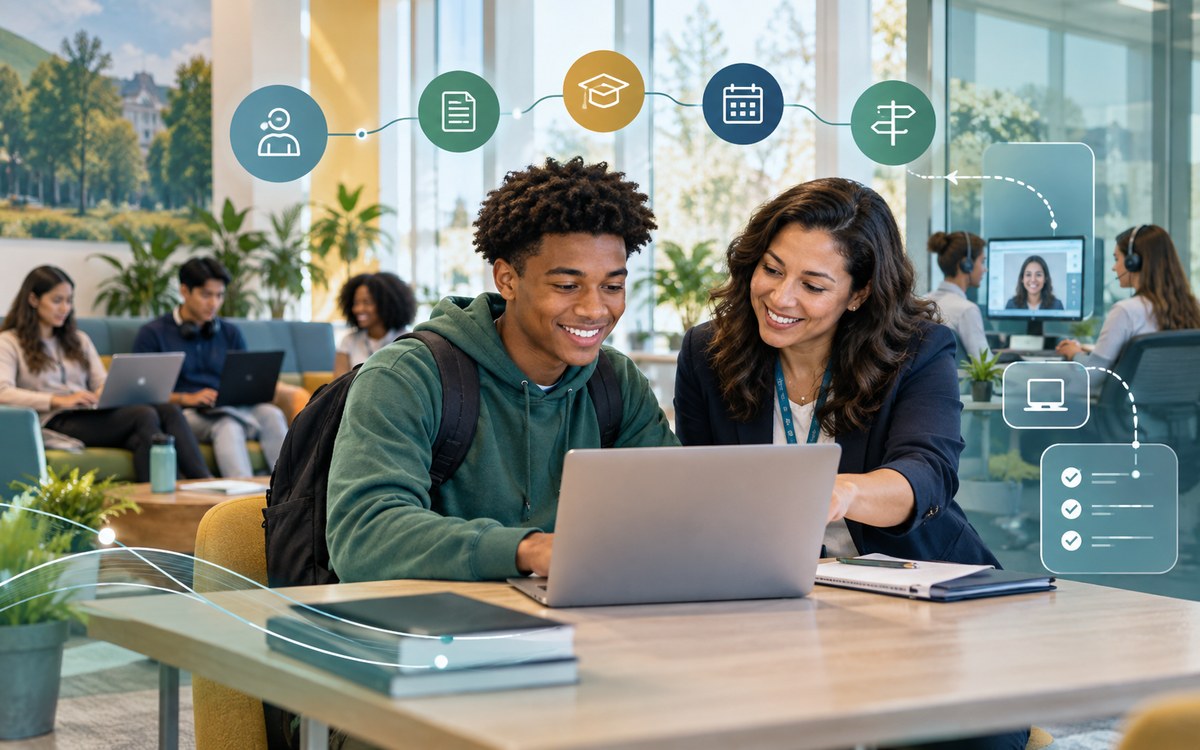 Student support advisor helping a learner navigate digital campus services