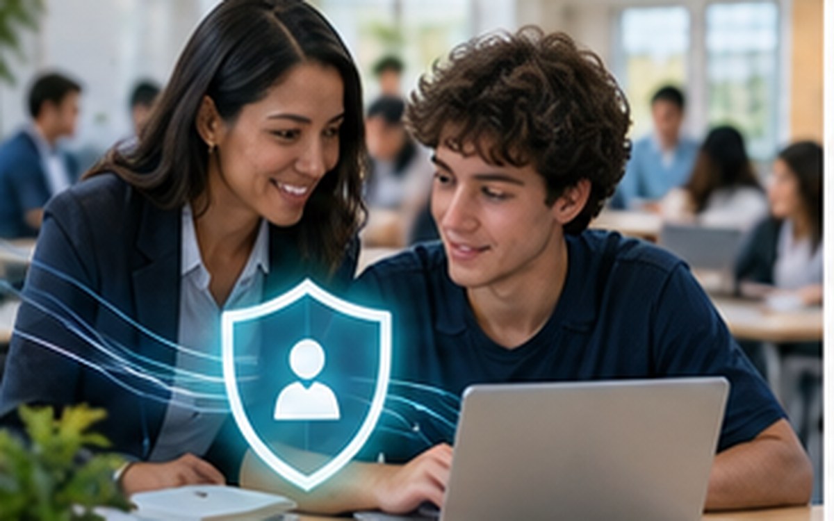 Advisor and student using a secure student-support assistant in a campus setting
