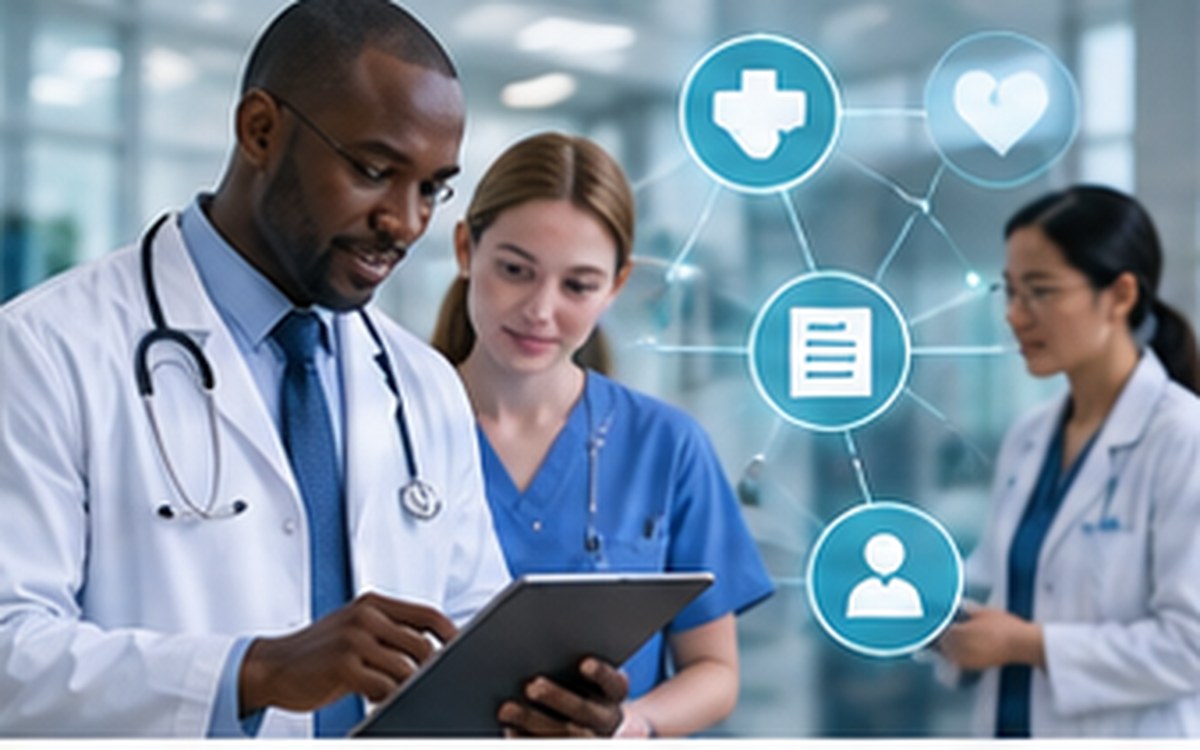 Healthcare team reviewing connected patient data pathways across systems