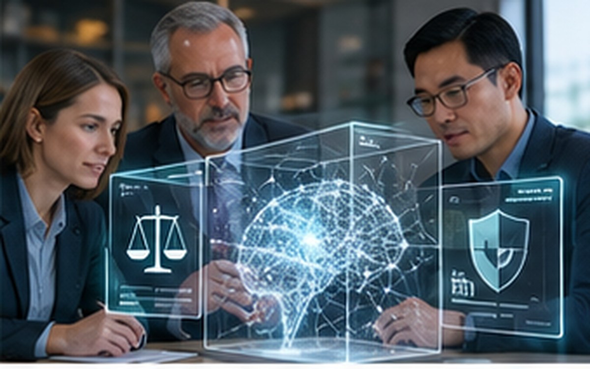 Governance team reviewing an AI model with transparent risk and oversight visuals