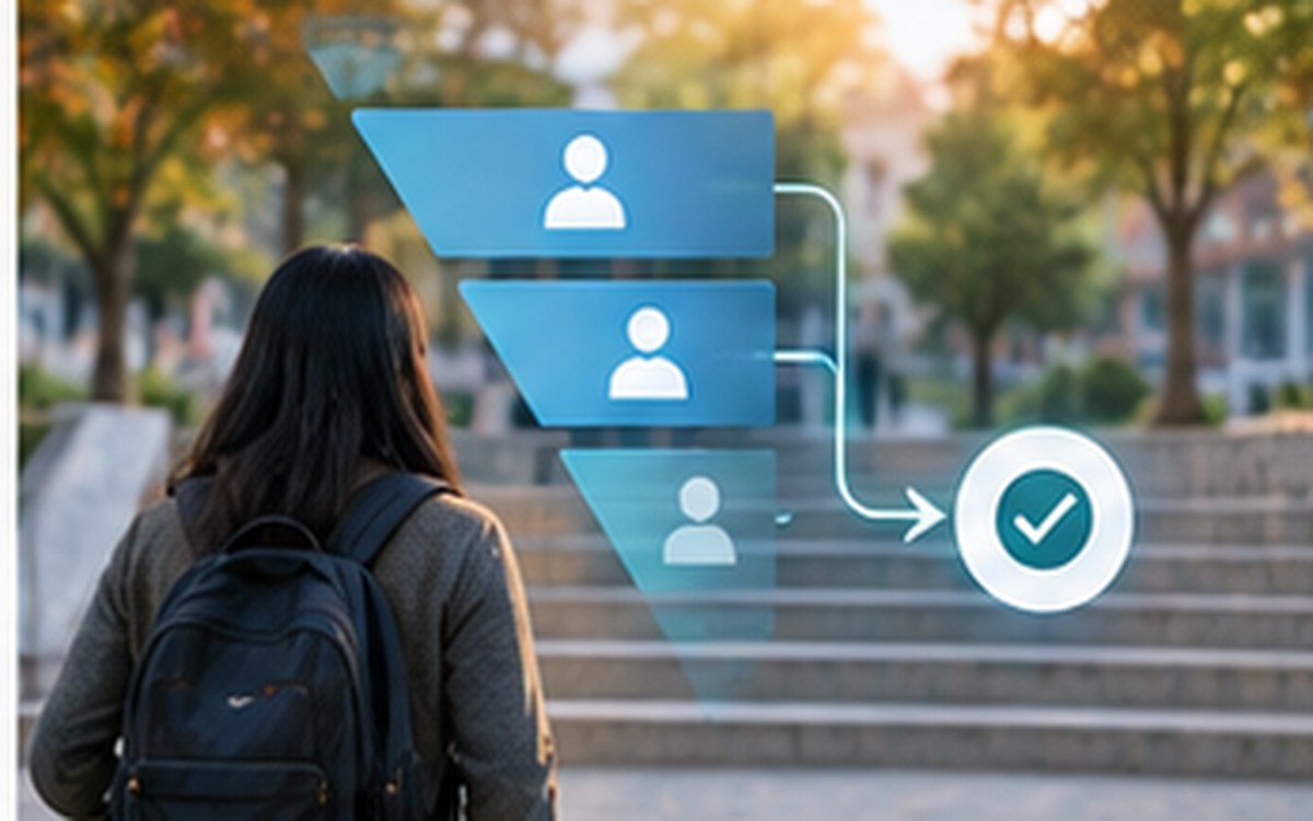 Student walking past an enrollment funnel visualization with an accessibility checkpoint