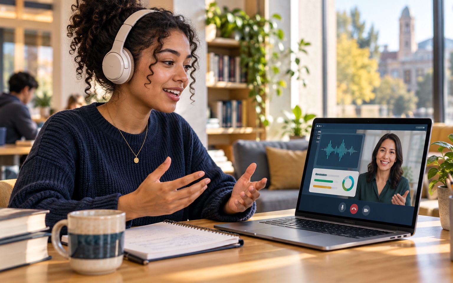 Student practicing spoken language through an AI-supported video conversation