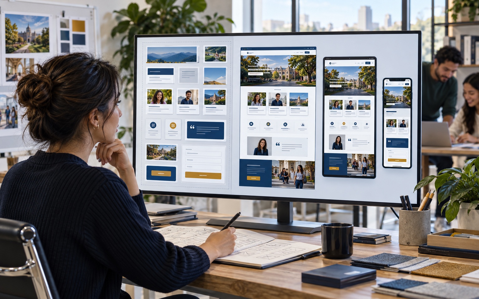 Designer assembling reusable responsive modules for education campaign pages